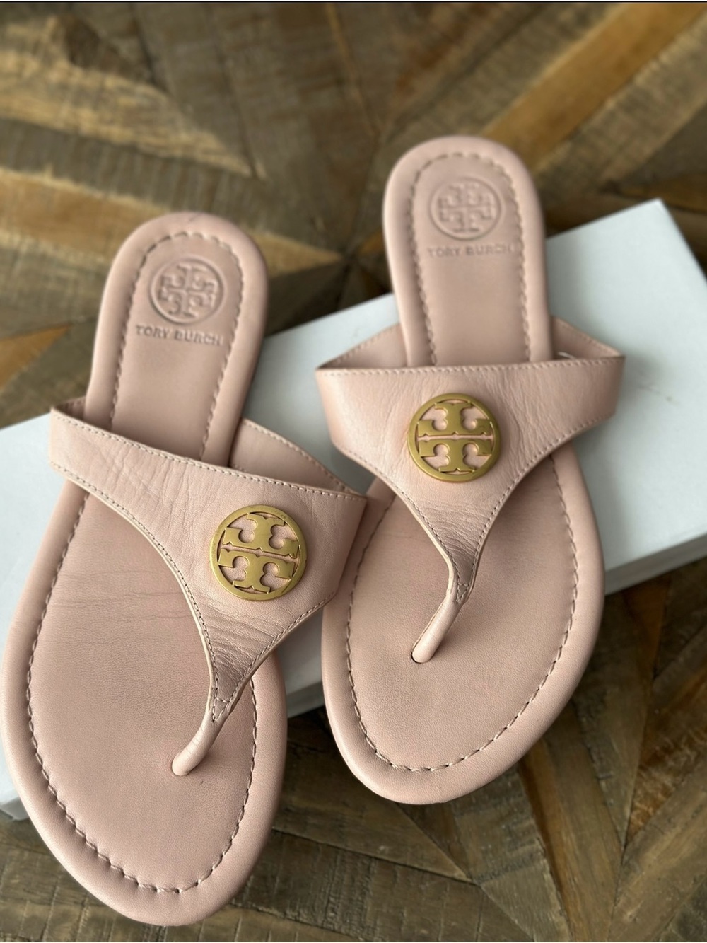 Tory Burch Pale Pink Leather Logo Thong Sandals
